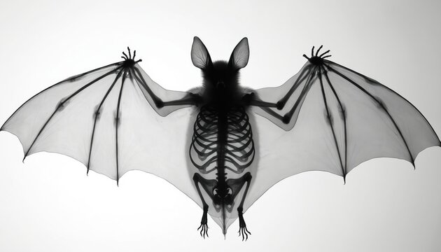 X ray view of flying bat showing bones and wing structure. Creature hangs with open wings against white backdrop. Mammal anatomy visible through transparent skin.