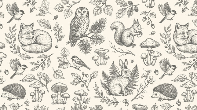 Enchanting hand-drawn seamless pattern showcasing diverse woodland animals and forest flora, perfect for rustic nature-themed designs, vintage backgrounds, and charming textile prints