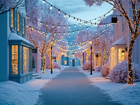 Snow-covered street with string lights and houses during winter evening