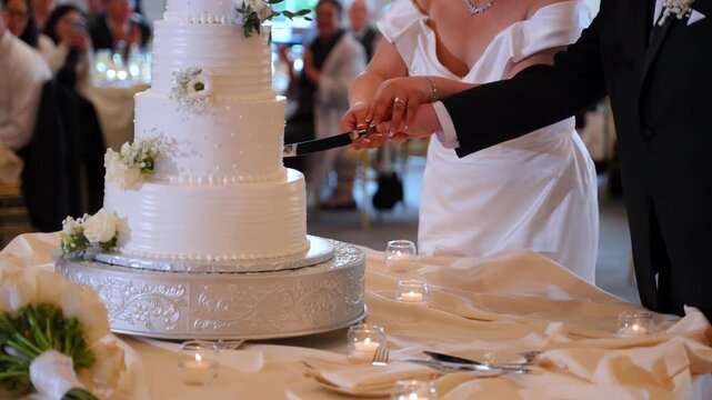 A bride and a groom holds a knife to cut a wedding cake. Close up slow motion view