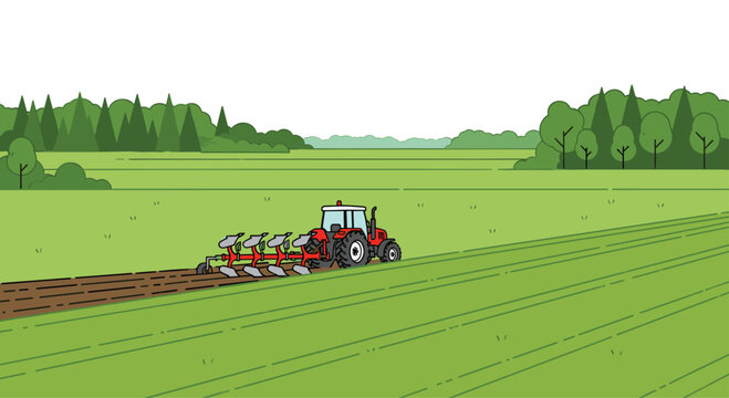 A red tractor pulls a mechanical plow through a wide green agricultural field under a clear blue sky in a rural landscape with natural lighting and earthy colors.