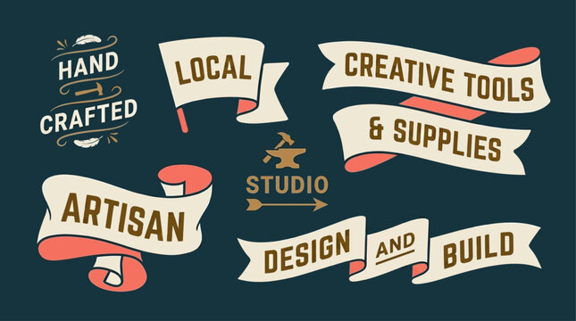Collection of retro-style vector banners and badges representing handmade craft, artisan skills, creative design, and local workshop services with vintage appeal