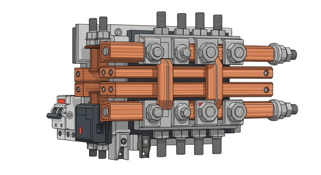 An industrial electrical distribution unit with heavy copper busbars and metallic bolts is shown isolated against a neutral light grey background studio setting.