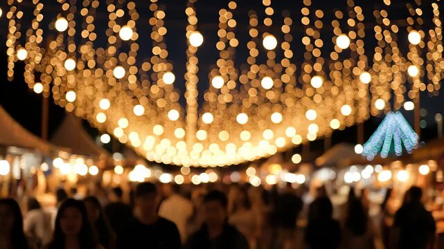 Blurred night market with golden string lights and crowd
