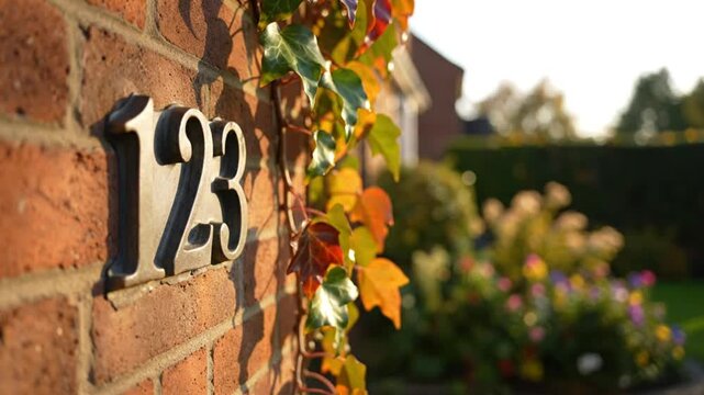House number 123 on brick wall with colorful ivy in front of garden on a sunny day
