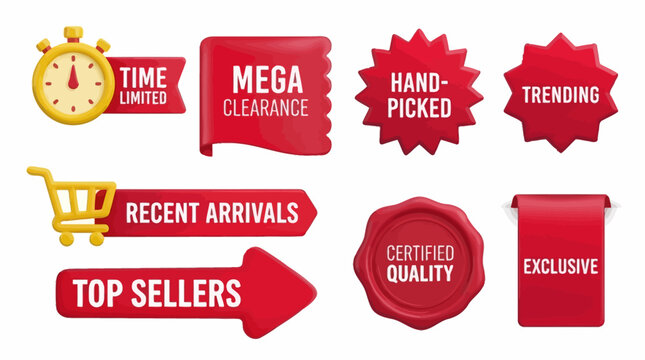 Collection of red 3D rendered sales and marketing labels for e-commerce, ideal for online shopping promotions, discounts, and product display