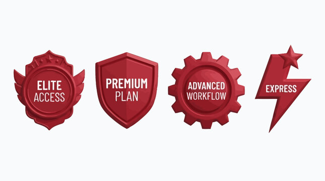 Red badges and symbols representing elite access, premium plans, advanced workflows, and express services, signifying exclusive benefits and expedited offerings