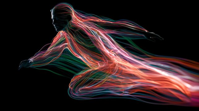 Stream of Consciousness Runner: A runner's silhouette is depicted in motion, with vibrant, flowing lines of light and color emanating from their form, symbolizing energy, speed, and thought.