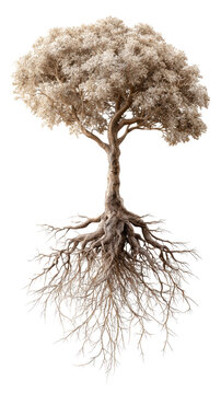 Isolated deciduous tree with exposed root system and pale foliage botanical cutout