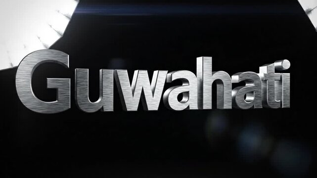 Metallic 3D text animation of the city name Guwahati over a black background with studio lighting