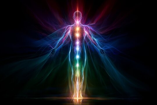 Energetic Aura of a Person: A visually stunning depiction of human energy flow, showcasing vibrant colors radiating outwards, with prominent chakra points aligned along the spine.