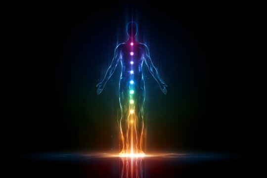 Human Energy Field: A human silhouette glowing with rainbow-colored energy centers, representing the seven chakras aligned along the spine, emanates from a bright light source.