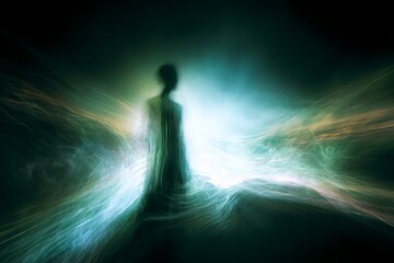 Fototapeta premium Enlightened Being: A silhouette of a person stands in a vibrant, ethereal glow, surrounded by swirling light and mist, symbolizing enlightenment, transcendence.