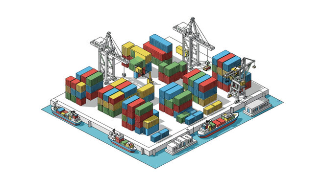 An isometric view of a bustling container shipping terminal features several cargo vessels being loaded at the docks by large cranes in a clean vector illustration.
