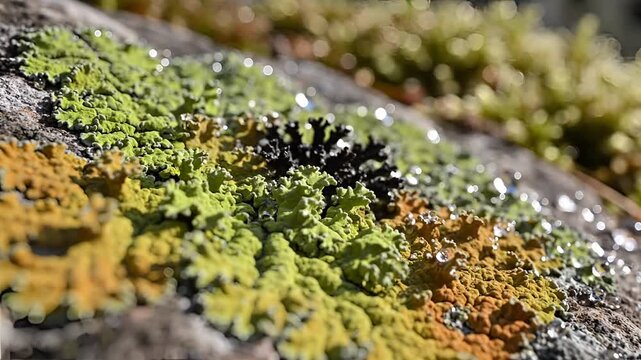 Closeup of colorful lichen growing on a rock surface with water droplets.