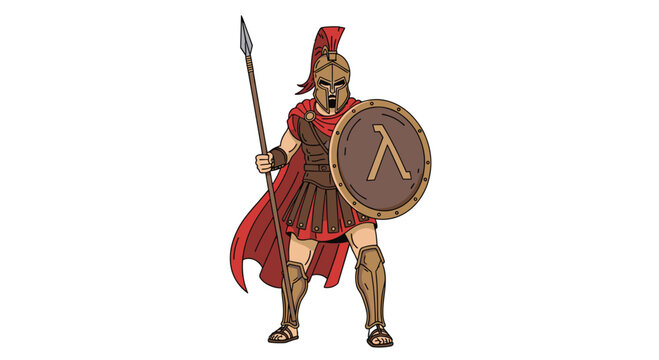 A legendary Spartan soldier clad in a flowing red cape and full bronze armor holds a spear alongside a sturdy shield marked with the iconic Greek lambda symbol.