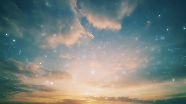 夕焼け雲と淡い光粒子が広がる幻想的な空