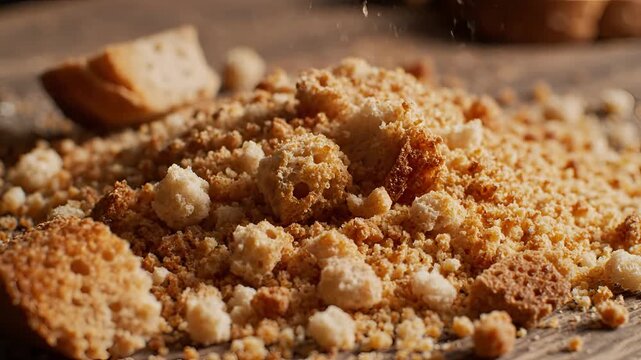 Closeup shot of breadcrumbs falling onto a wooden surface creating a pile.