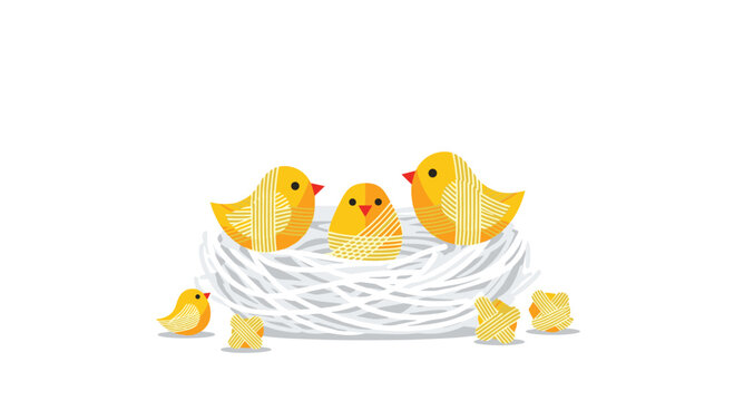 Three stylized yellow chicks made of yarn sit inside a white woven nest with small balls of yarn scattered on the ground in a clean vector illustration.