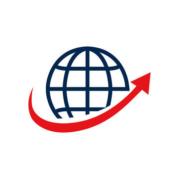 Globe with swoosh arrow vector illustration. Worldwide logistics, international shipping, global trade, travel tourism, and global distribution logo concept.