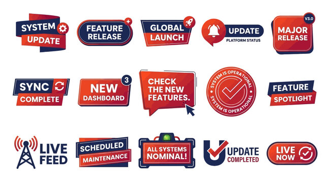 Modern vector badges and labels for system updates, new feature releases, global launches, and critical maintenance notifications, suitable for digital platform announcements