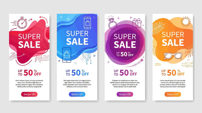 Dynamic mobile story banners promoting super sales and significant discounts, featuring vibrant abstract designs for online shopping campaigns and e-commerce marketing
