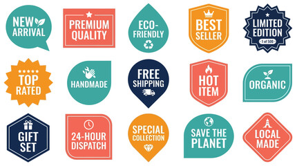 Fototapeta premium Collection of colorful badges and labels indicating premium quality, new arrivals, and special offers for retail and e-commerce