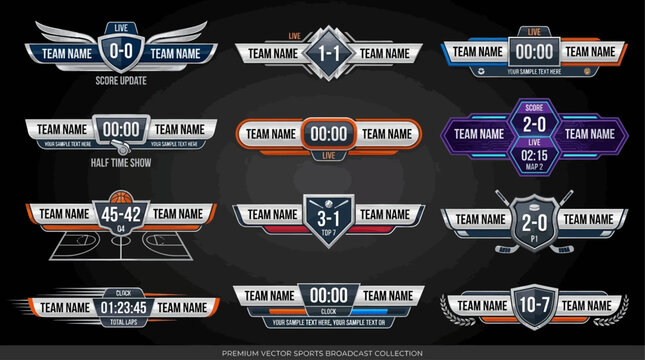 Collection of Sports Broadcast Lower Thirds Graphics with Score and Timer Overlays on a Dark Background