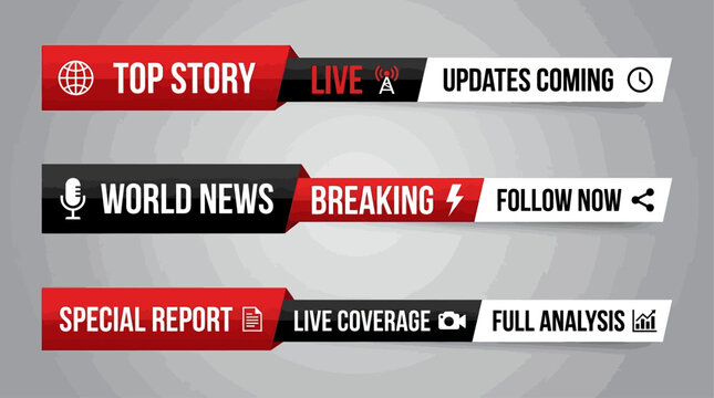 Modern broadcast news lower third graphics set, ideal for live television coverage, breaking stories, and special reports. Customizable media templates for dynamic on-screen information display