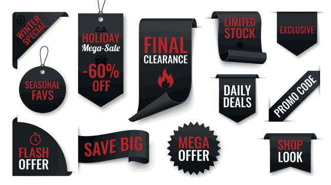 Collection of various sale and discount tags and labels for retail marketing