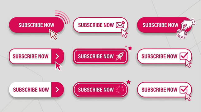 Collection of modern 'Subscribe Now' call-to-action buttons with diverse icons for web design and digital marketing. Vector illustrations for engaging online content and user interaction