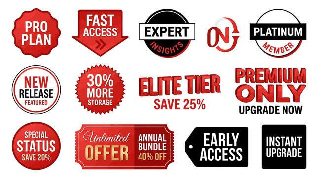 Bundle of modern promotional badges, premium status labels, and limited-time offer stickers illustrating exclusive benefits and upgrades for digital campaigns