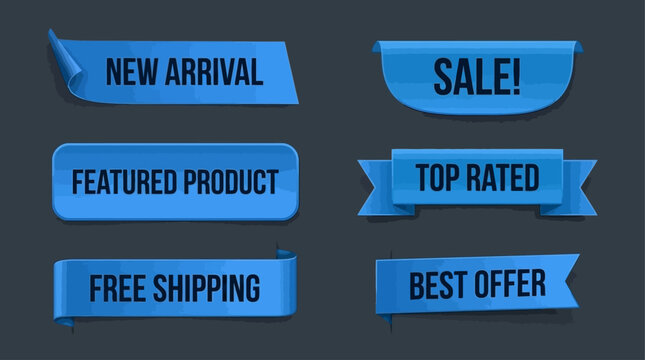 Set of blue ribbons with sale and shopping related text messages