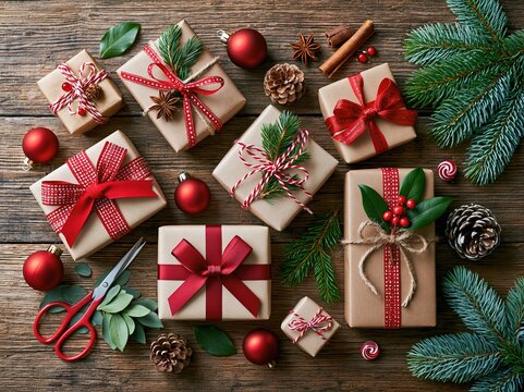 Colorful wrapped gifts and decorations on a wooden table for a holiday celebration with natural elements and festive items