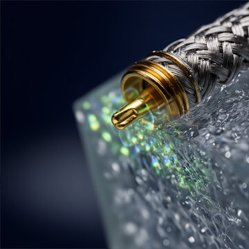 Extreme Macro of Cryogenic Quantum Computing Coaxial Cable Connector with Braided Silver Wire and Colorful Optical Caustics Refraction at Near Absolute Zero Temperature Future Technology Concept