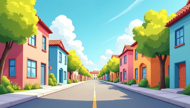 Colorful cartoon houses line a street under a bright blue sky. Lush green trees flank the sidewalk. The scene depicts a peaceful suburban neighborhood on a sunny day.