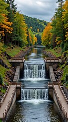 Fototapeta premium landscape photograph river waterfall center river surrounded trees orange yellow leaves indicating autumn trees both sides river water flowing over dam dam concrete has wooden walkway either side sky