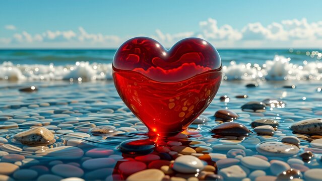 close red heart shaped object pebble beach heart center water surrounding water deep blue green color pebbles different sizes colors including white brown gray background clear blue sky white clouds