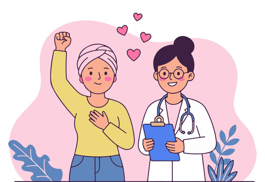 Illustration of a doctor with a stethoscope supporting a female cancer patient
