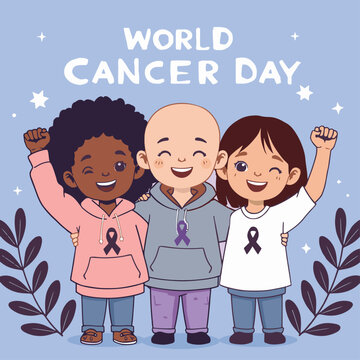 World cancer day concept with diverse children smiling and holding their fists