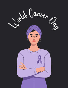 World cancer day illustration featuring woman with awareness ribbon, awareness