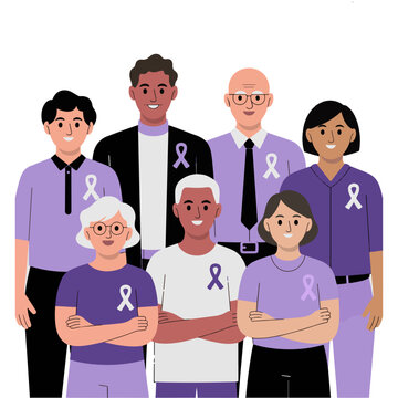 Diverse group of people standing together with purple cancer awareness ribbons