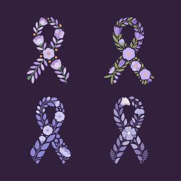 Set of four floral purple cancer awareness ribbons made of botanical elements