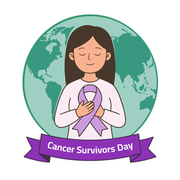 Cancer survivors day illustration with woman and purple awareness ribbon