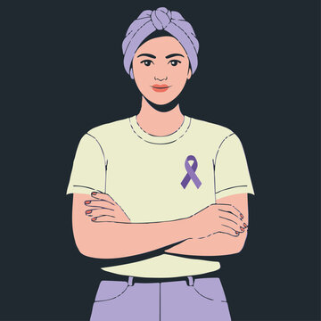 Woman with cancer headscarf and awareness ribbon standing confidently, awareness