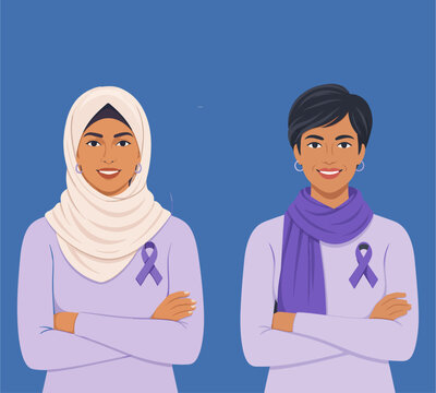 Two women wearing purple awareness ribbons for cancer solidarity with awareness