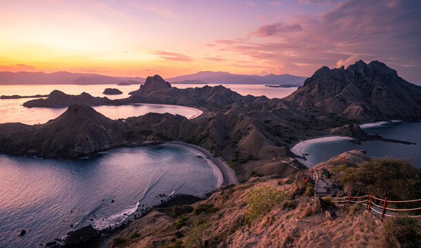 Padar Island, Komodo National Park, Indonesia Sunset Landscape with Pink and Purple Tones
