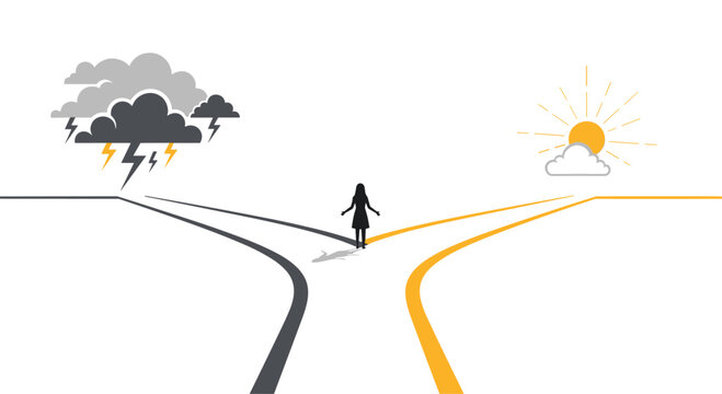 A lone person stands at a fork in the road choosing between a dark stormy path and a bright sunny path under a clean white minimalist background in vector illustration style.