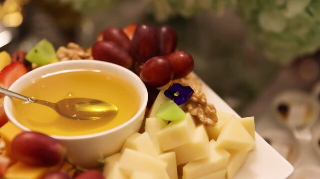 Cheese platter with sliced cheese and honey served as gourmet appetizer table