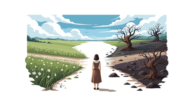 A young girl stands on a path divided into a lush green field on the left and a barren, dead landscape on the right under a bright blue cloudy sky.